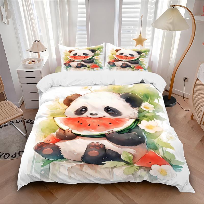 3pcs Panda Eating Watermelon Quilt Cover Set (1 Quilt Cover + 2 Pillowcases Without Pillow Core), High-Definition Printing for Home and Dormitory