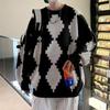 Джемпер с круглым вырезом в цветных блоках для мальчиков на осень и зиму, свободный и универсальный свитер с ромбами, модный универсальный вязаный свитер для пары