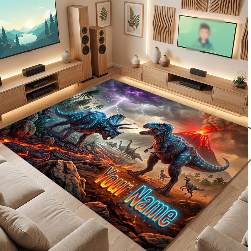 Dinosaur Theme Soft Crystal Velvet Rug Custom Name & Text Print Non Slip Floor Rug for Bedroom Living Room