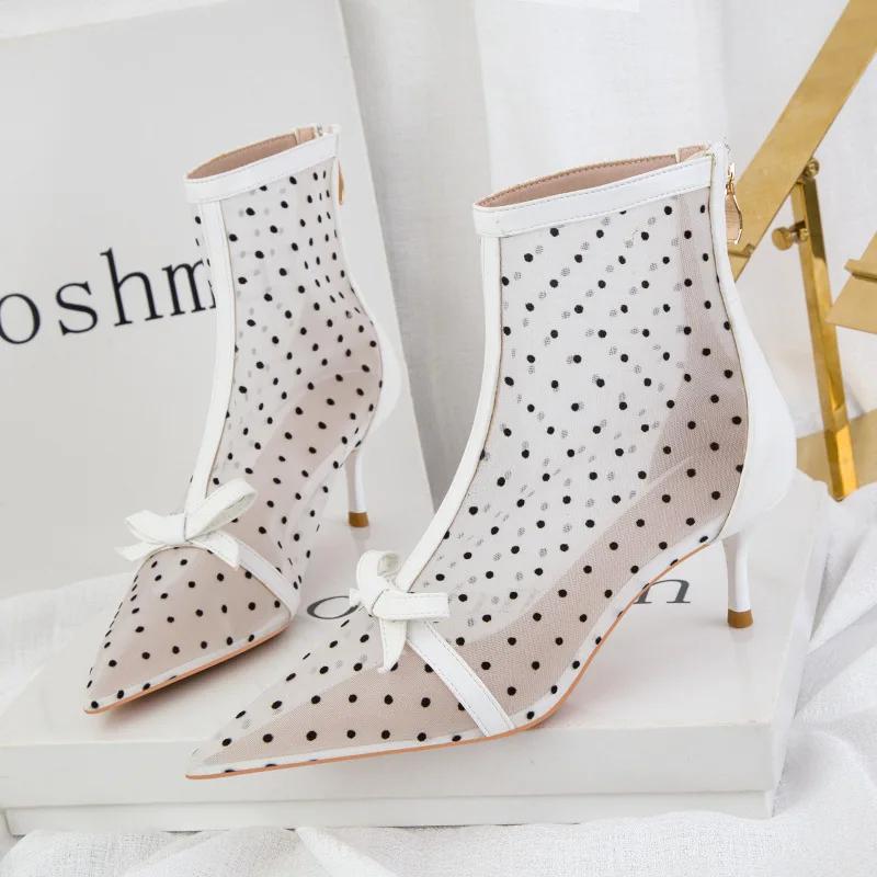 Ботильоны элегантные женские вечерние на высоком каблуке летние модные повседневные женские ботильоны 2024 года лето дышащая сетка горошек полый бант