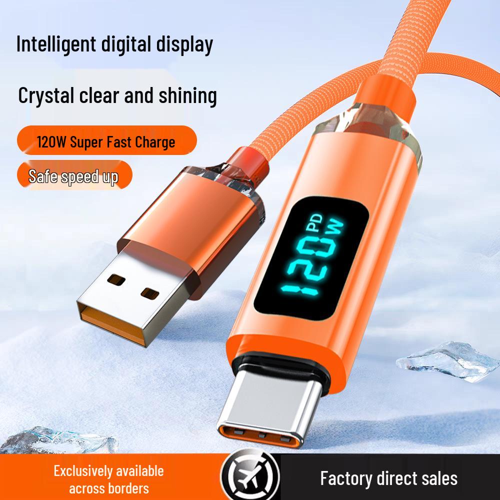 Кабель Type-C Cross Crystal Glow 120 Вт: 6А Умный дисплей, Быстрая зарядка для Huawei, Xiaomi, Honor, VIVO