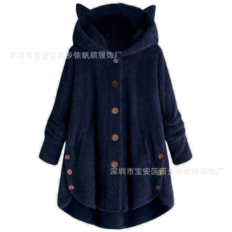 Amazon 2025 autumn and winter European and American buttons hooded cat ears plush top irregular trendy brand solid color coat women