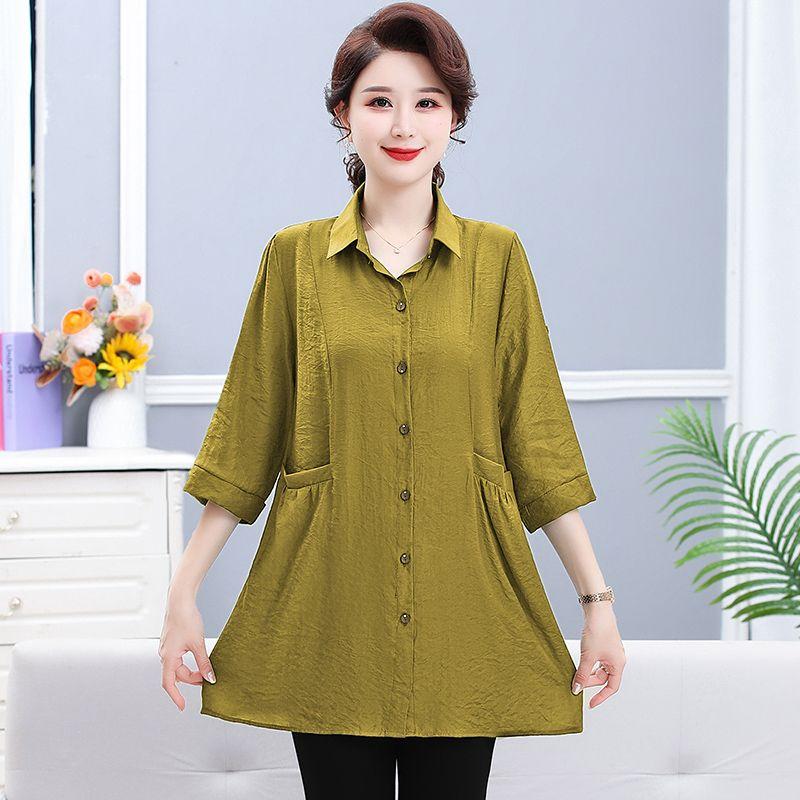Повседневная однотонная рубашка миди для поездок на работу, однобортная, модная, с отложным воротником, летняя, рукав 3/4, женская одежда, карманы, блузка