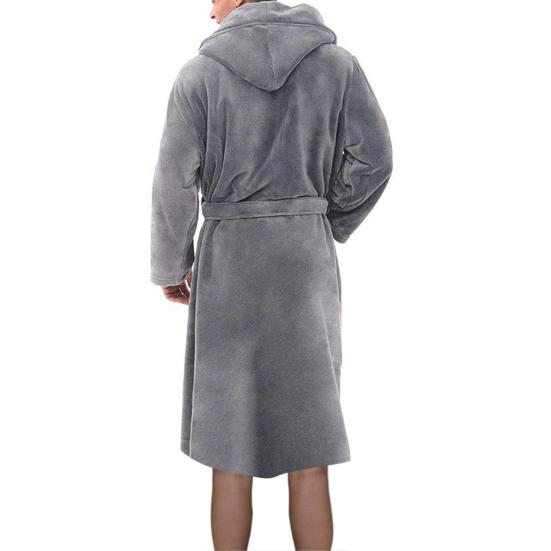 Long Sleeve Pocket Belt Solid Color Men Bathrobe Winter Warm Hooded Long Fleece