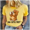 Unisex Casual Short Sleeve T-Shirt, 100% Polyester, Round Neck, Coffee Bear Print, Loose, Fashion, Summer Top