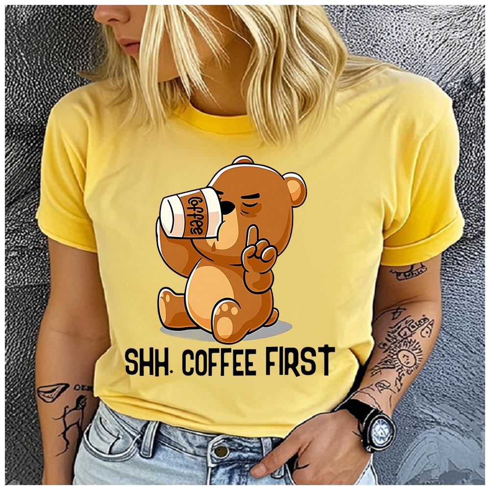 Unisex Casual Short Sleeve T-Shirt, 100% Polyester, Round Neck, Coffee Bear Print, Loose, Fashion, Summer Top