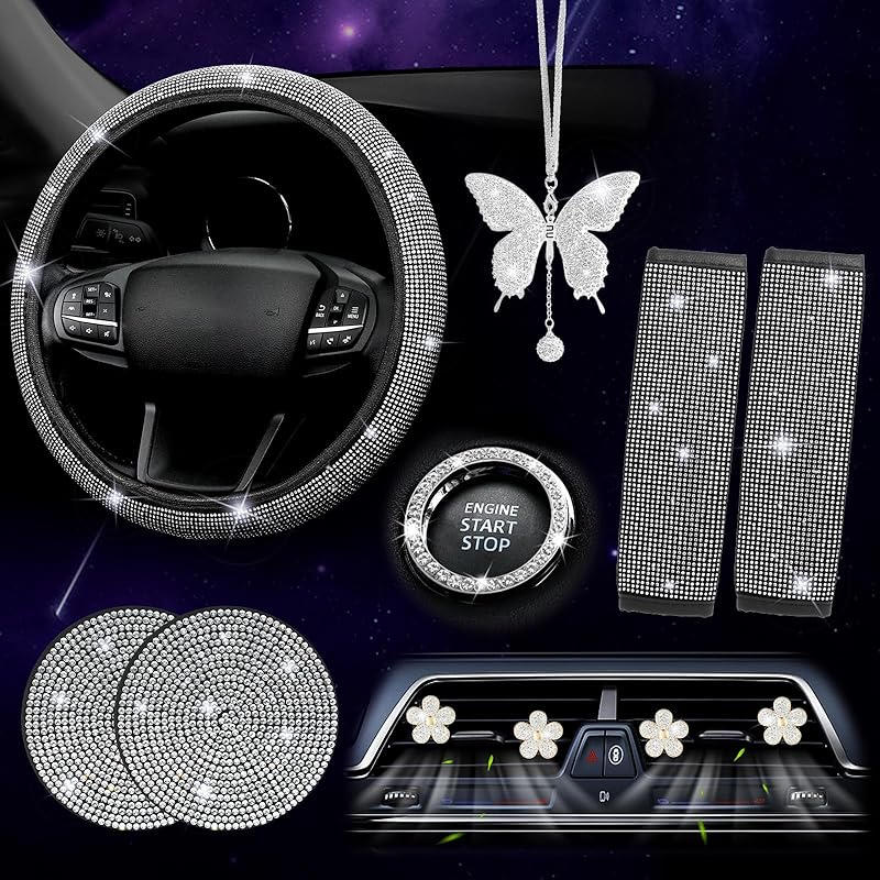 ARTILAURA 11 PCS Bling Car Accessories Set For Women Steering Wheel Covers Butterfly Hanging Seat Belt Cover Air Vent Clips Coasters Cute Glitter