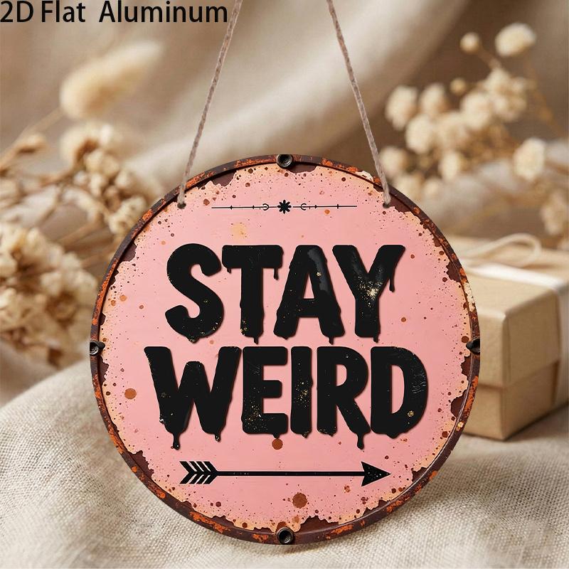 2D Flat Stay Weird Round Metal Sign, Vintage Pink Aluminum Wall Decor with Jute Rope, Rustic Distressed Art Hanging Plaque for Bedroom, Living Room
