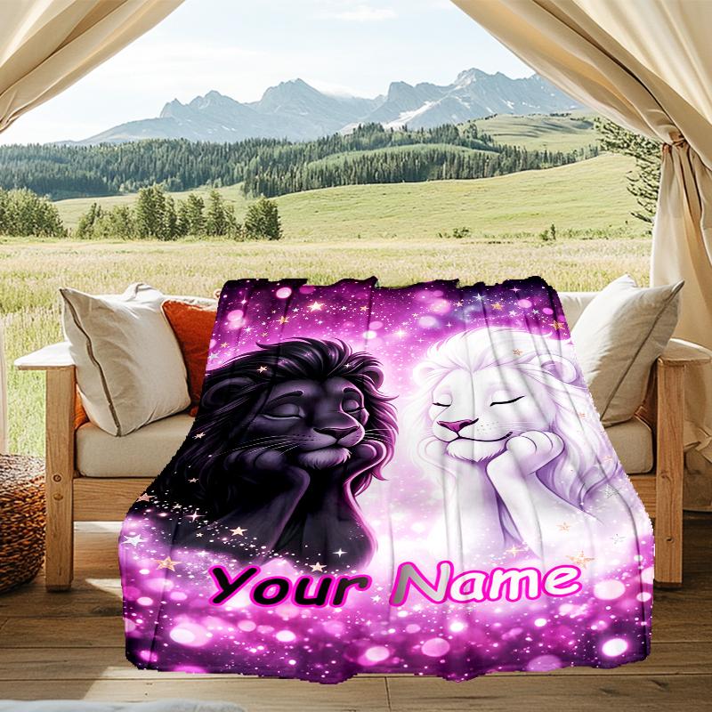 1PC Custom Name Lion Love Stars flannel blanket versatile,all-season throw suitable for the living room,bedroom,camping,travel,and gift