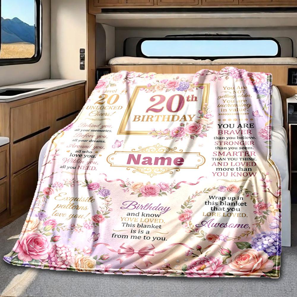 20Th Birthday Floral Celebration Blanket Personalized Name Soft Comfortable Stylish Blanket Car Blanket Perfect For Travel Camping Outdoor Home