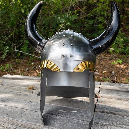 Viking Leader Horned Helmet - Medieval 18 Gauge Steel Unlined Fictional Prop Helmet W/ Real Buffalo Horns