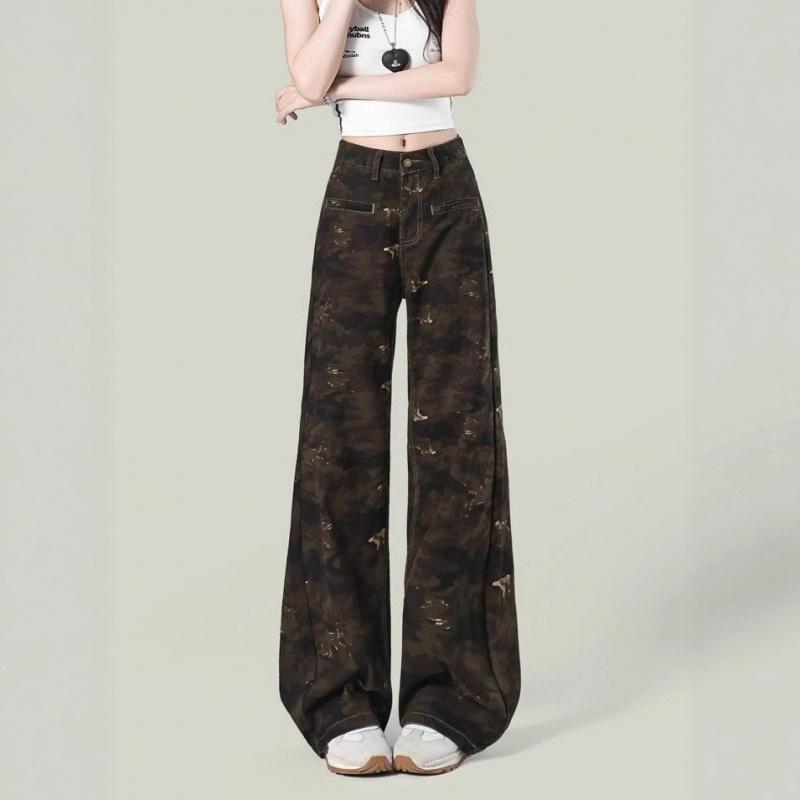 American retro high street camouflage wide-leg jeans for women, trendy high-waisted loose slimming petite floor-length straight pants