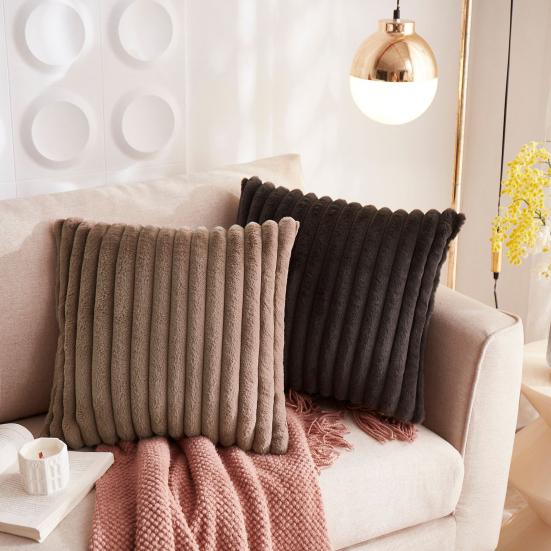 Throw Pillowcase Soft Plush Striped Pure Color Square Shape Bedroom Living Room Sofa Decoration Pillowcase Pillow Cover
