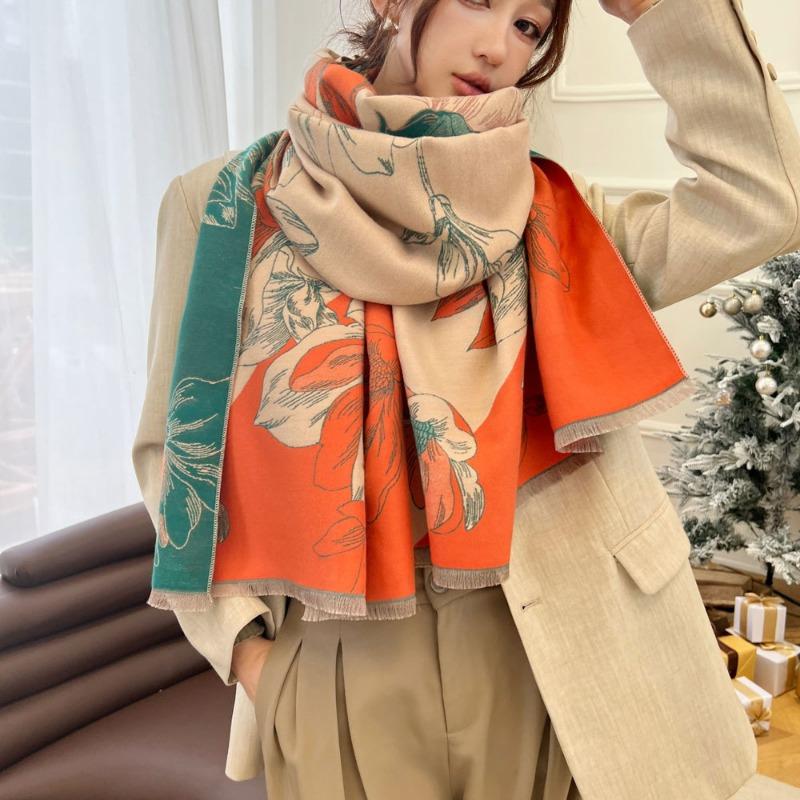 New Magnolia Floral Jacquard Thickened Scarf Women's Autumn and Winter Versatile Imitation Cashmere Shawl Windproof Warm Scarf