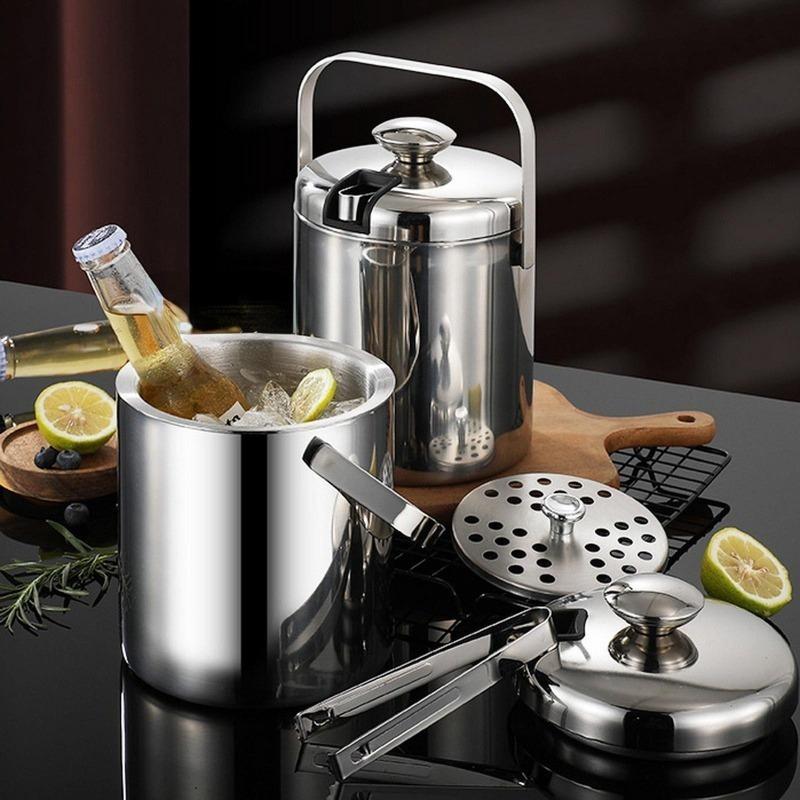 Ice Bucket with Tongs Double Wall Strainer Handle Home Bar Parties Chilling Beer Champagne Stainless Steel Cooler Buckets