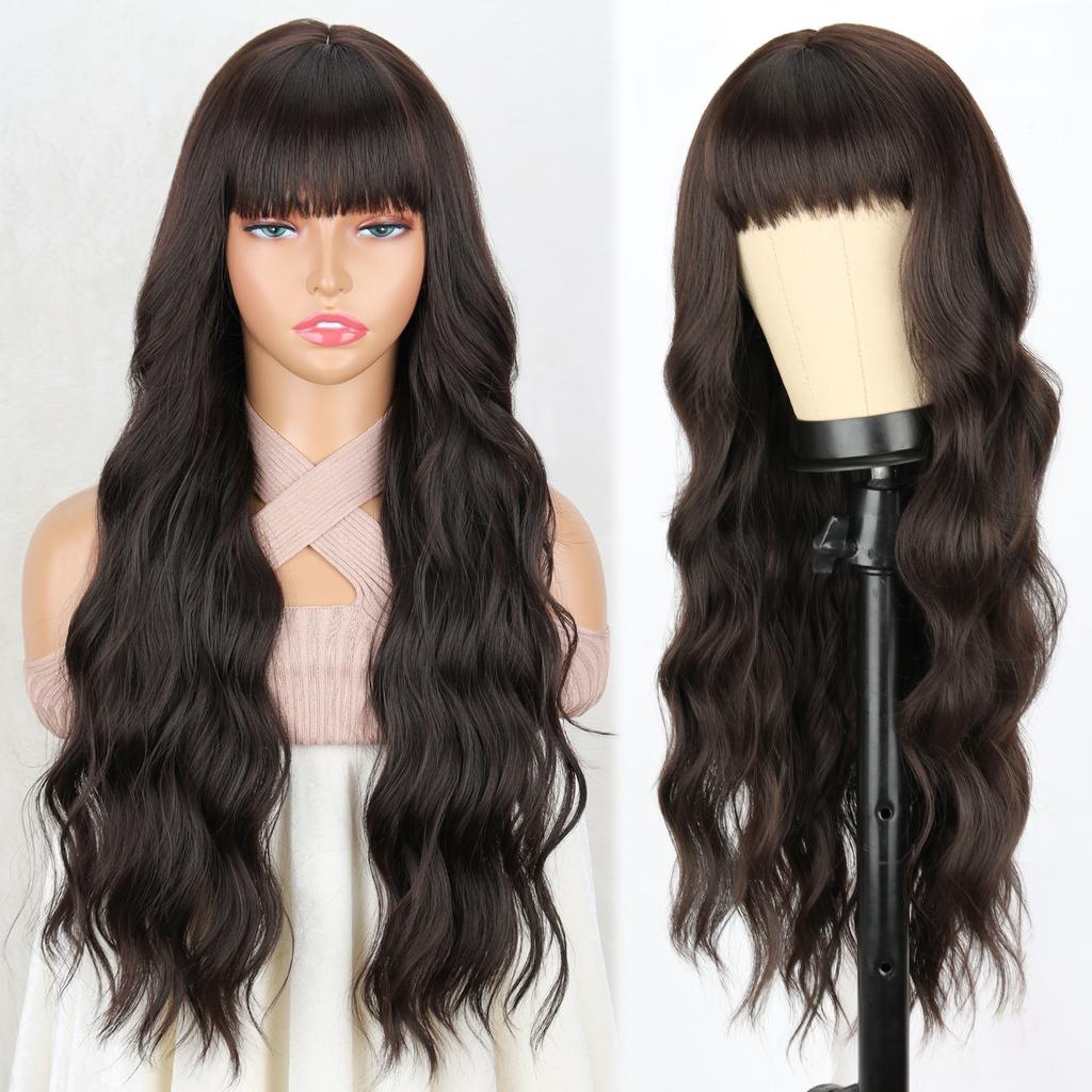 Синтетические длинные черные парики с челкой, натуральные волнистые волосы, парик для женщин, повседневный косплей, вечерние, термостойкий