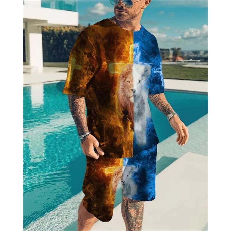 Roar Golden Lion Head короткий рукав 2 шт. комплект 3D принт мужская толстовка с круглым вырезом футболка комплект мужской свободный костюм футболка мужская одежда