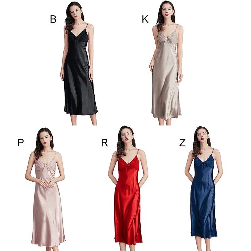 Летняя женская ночная рубашка, кружевная атласная ночная рубашка, длинная сорочка с глубоким v-образным вырезом, одежда для сна, с открытой спиной и бантом, ночная рубашка, ночная рубашка Babydoll