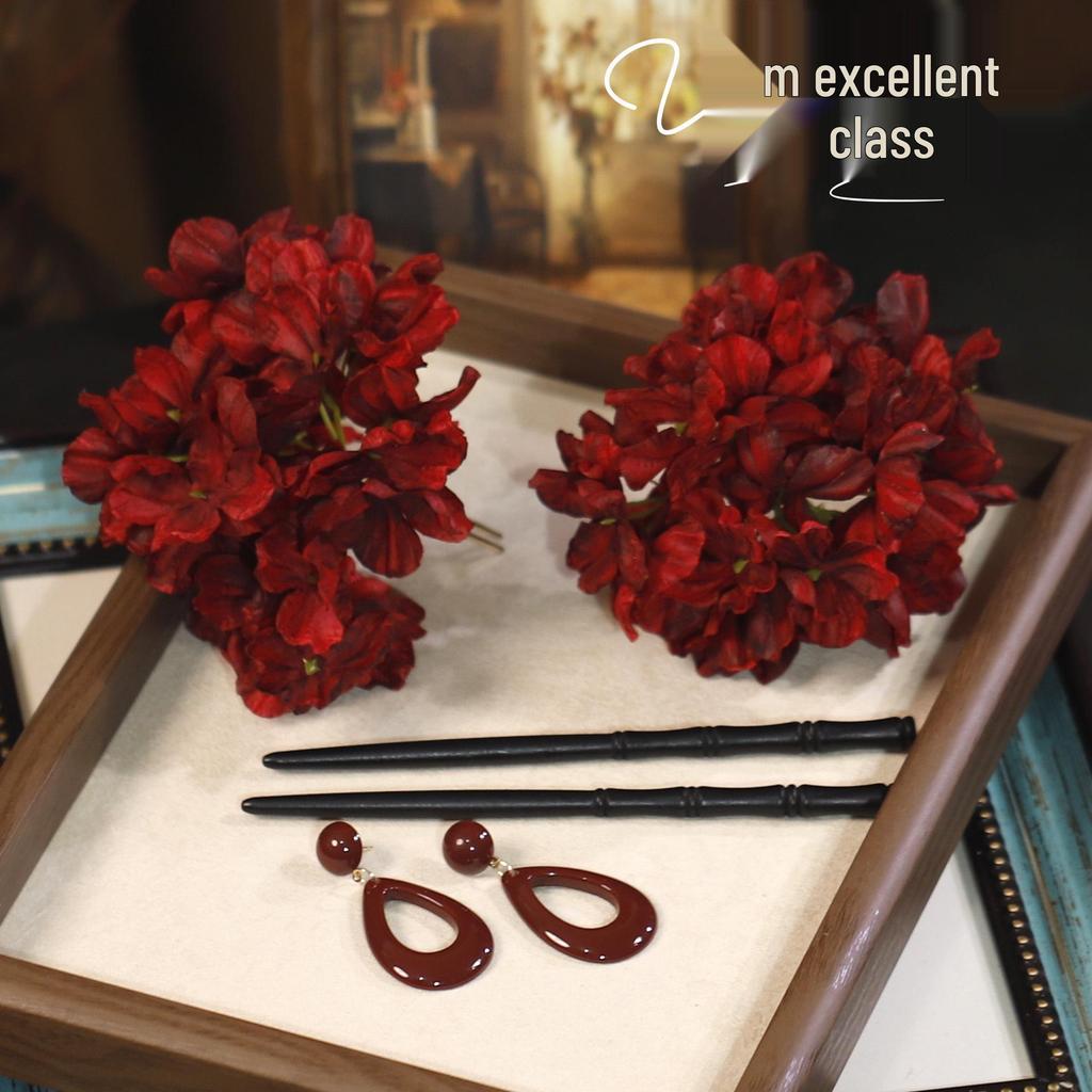 Ретро Заколка для волос в виде цветка из ткани винного цвета - Головной убор в классическом китайском стиле