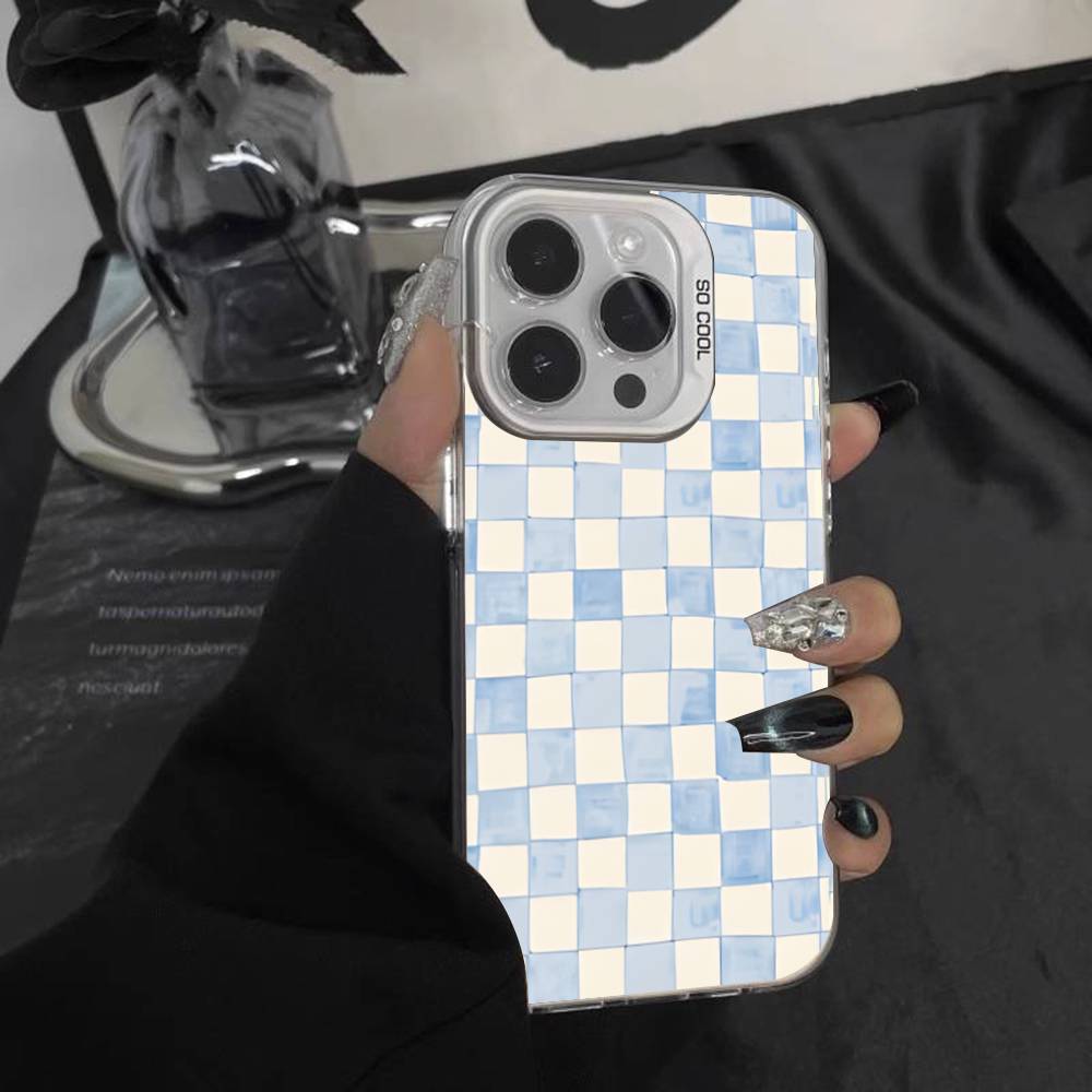 Корейский Ins Чехол для телефона в синюю полоску и клетку для iPhone 17,16,15,14,13,12,Pro,XS,Max,Plus,Mini,SE Белый Конфетный Матовый Ударопрочный Чехол