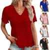 Women Summer T-shirt V-neck Short Sleeve Casual Tee Shirt Hollow Embroidery Lace Pullover Tops Streetwear