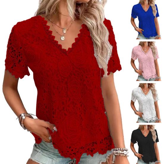 Women T-shirt V-neck Short Sleeve Casual Tee Shirt Hollow Embroidery Lace Pullover Tops Streetwear