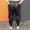 Men Faux Leather Pants with Pockets Stretchy Waist Solid Color Plus Size Waterproof Ankle-banded Motorcycle Style Spring Fall Club Trousers