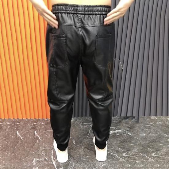 Men Faux Leather Pants with Pockets Stretchy Waist Solid Color Plus Size Waterproof Ankle-banded Motorcycle Style Spring Fall Club Trousers