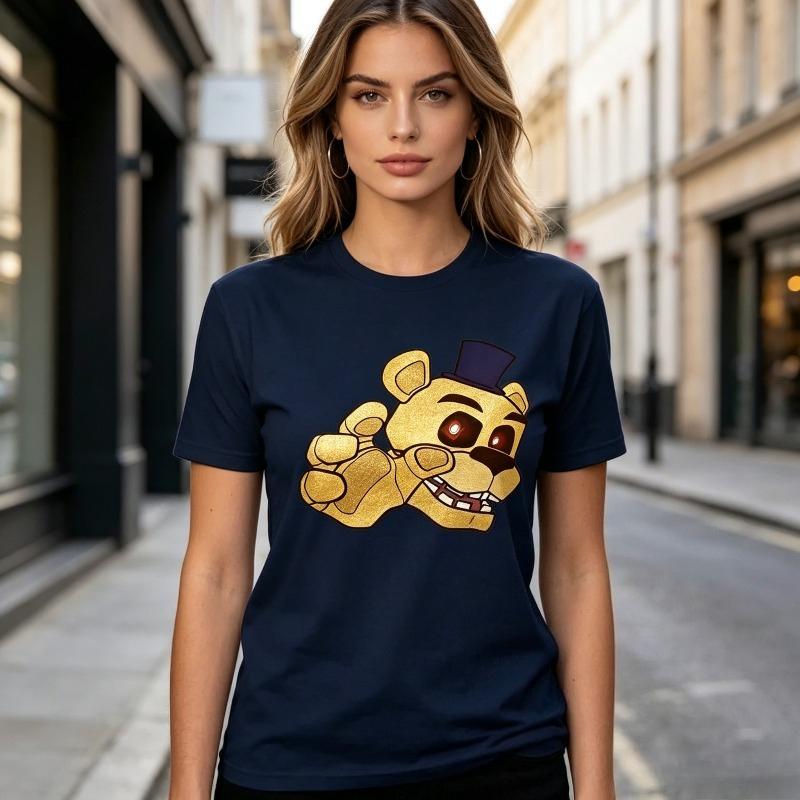 Five Nights At Freddys FNAF Хоррор Игра Графическая Футболка Золотой Фредди Проверка Вайба Футболка Унисекс Унисекс Винтажный Стиль Повседневная 100% Хлопок
