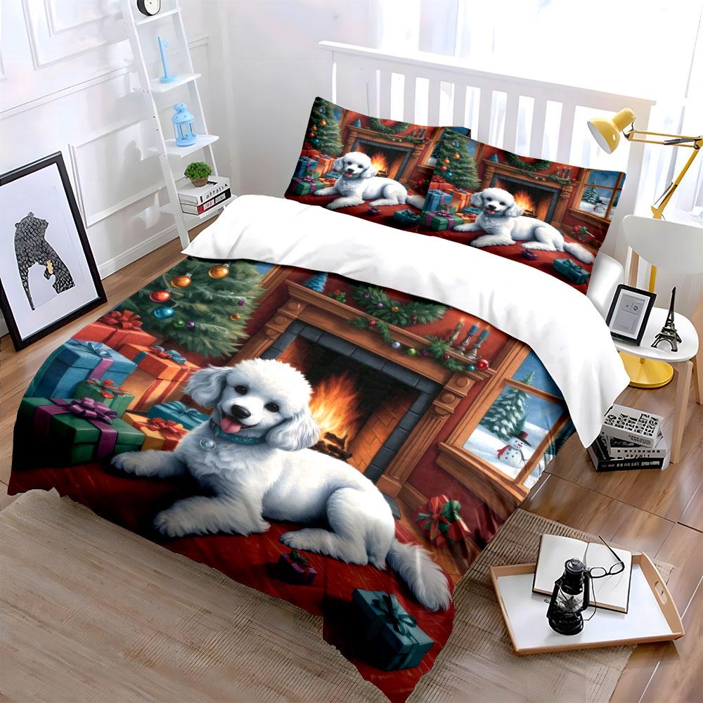 Festive Poodle and Gifts Scene Bedding Duvet Cover Set (1*Duvet Cover 2*Pillowcases, without duvet insert)