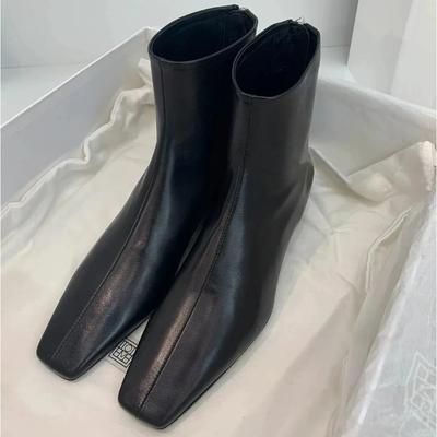 Женские кожаные ботинки Осень Зимачерные Ботильоны Новые Бархатные Задняя молния Квадратный носок Узкие туфли Женские Низкий каблук Короткие ботинки