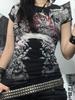 American Gothic Dark Rose Print T-shirt Women Y2K Retro Hip-hop Punk Hot Girl Waist-hugging Sexy Slim Harajuku Casual Top