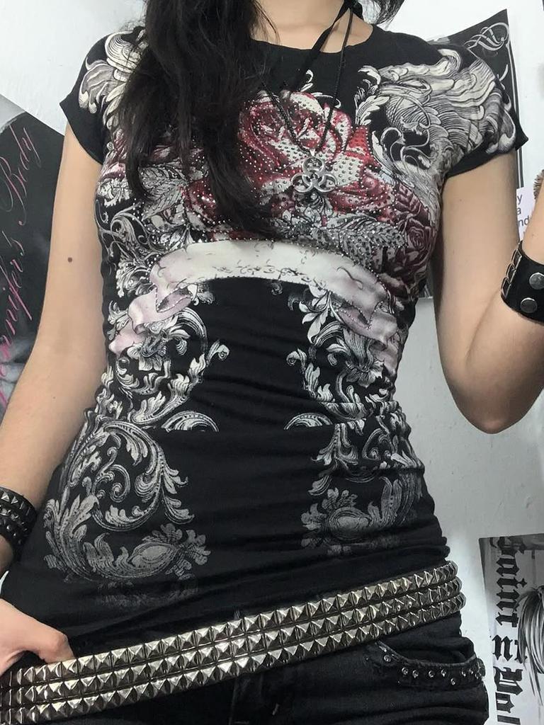 American Gothic Dark Rose Print T-shirt Women Y2K Retro Hip-hop Punk Hot Girl Waist-hugging Sexy Slim Harajuku Casual Top