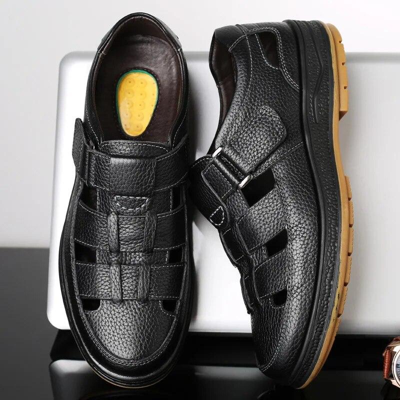 Классические мужские сандалии из натуральной кожи Sandaliashollow Out повседневная обувь Удобная однотонная уличная мужская обувь