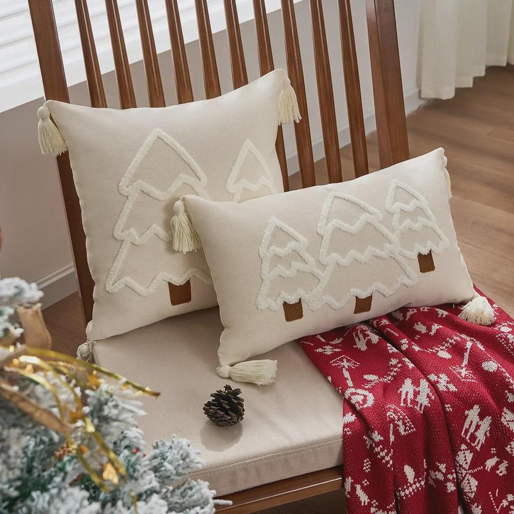 Cross-Border Christmas Tree Embroidered Canvas Pillowcases with Tassels for Sofa Decoration
