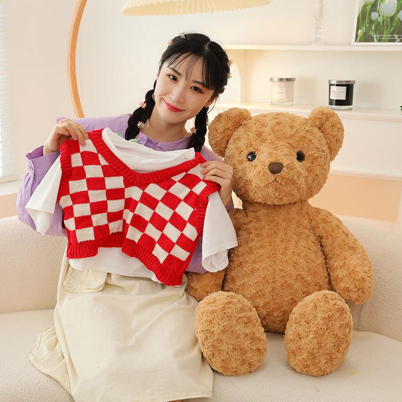Checkered sweater teddy bear doll for girlfriend bear companion pillow home ornament children's holiday gift