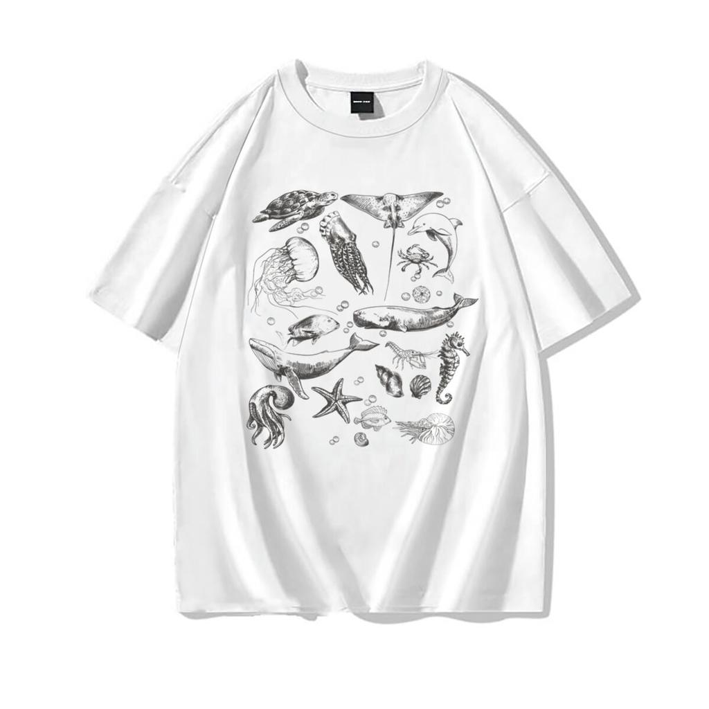 Loose Fit Unisexs Ocean Animals Tshirts Harajuku Trend Girls Short Sleeve Tee Summer Clothes Girl Casual Round Neck Cotton Tee