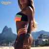 Women Padded Strapless Tube Top Stripes Patchwork Bikini Set
