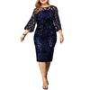 Women O Neck 3/4 Sleeve Sheer Patchwork Shiny Sequins Bodycon Knee-length Dress