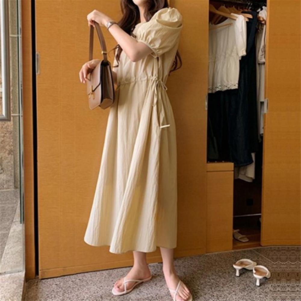 New Arrivals Open Run Women Lovely Plain Cotton Puff Short Sleeve Flare Long One