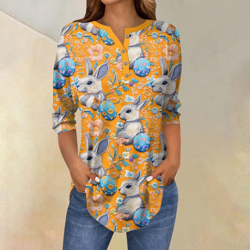 Women's 3/4 Sleeve Easter Egg Bunny Print Button Collar Fashion Casual Top