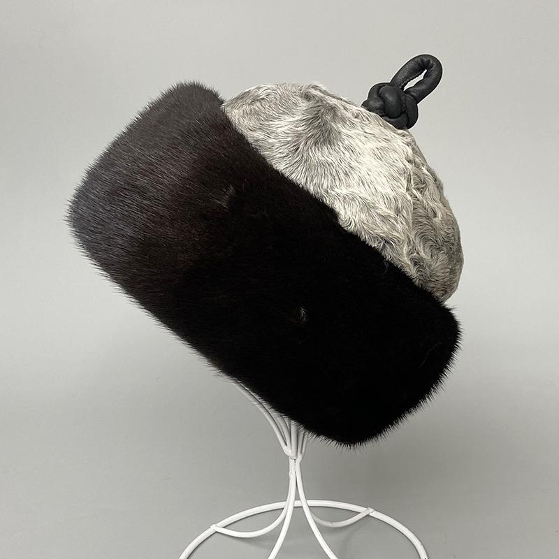 Luxury Warm Man Hat Adjustable Natural Mink Fur Lamb Mongolian Hat