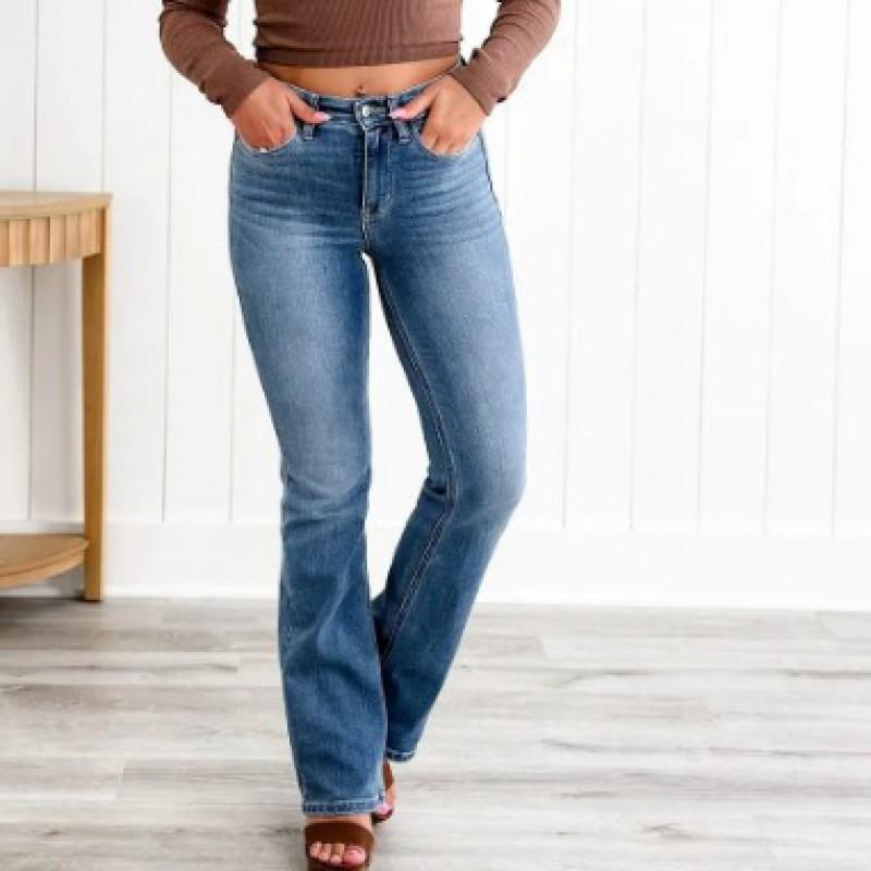Womens Vintage Flared Jeans Mid-Rise Stretch Slim Fit Washed Denim Pants