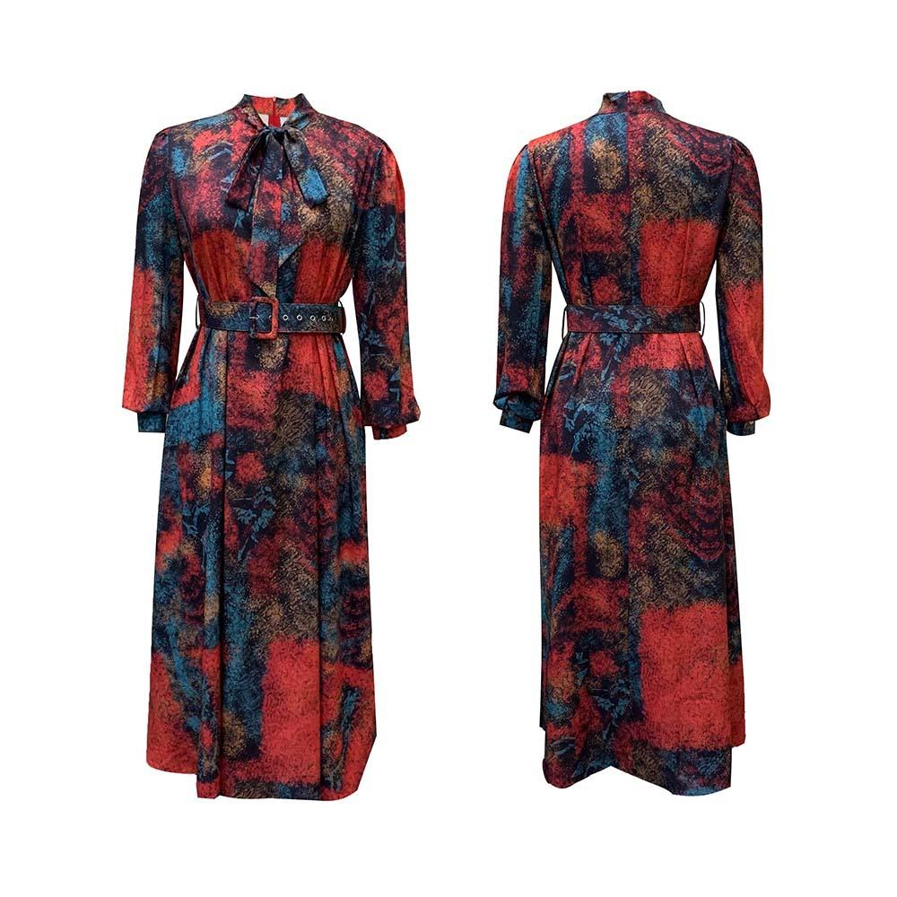 Женское платье с поясом Весенние и осенние вечерние платья больших размеров с длинными рукавами и высокой талией с принтом