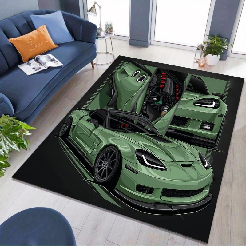 Green American Sport Car Engine Detail Comic Print Area Rug Non‑Slip Rectangular Floor Mat Race Auto Fan Decor for Gaming Bedroom Living Room