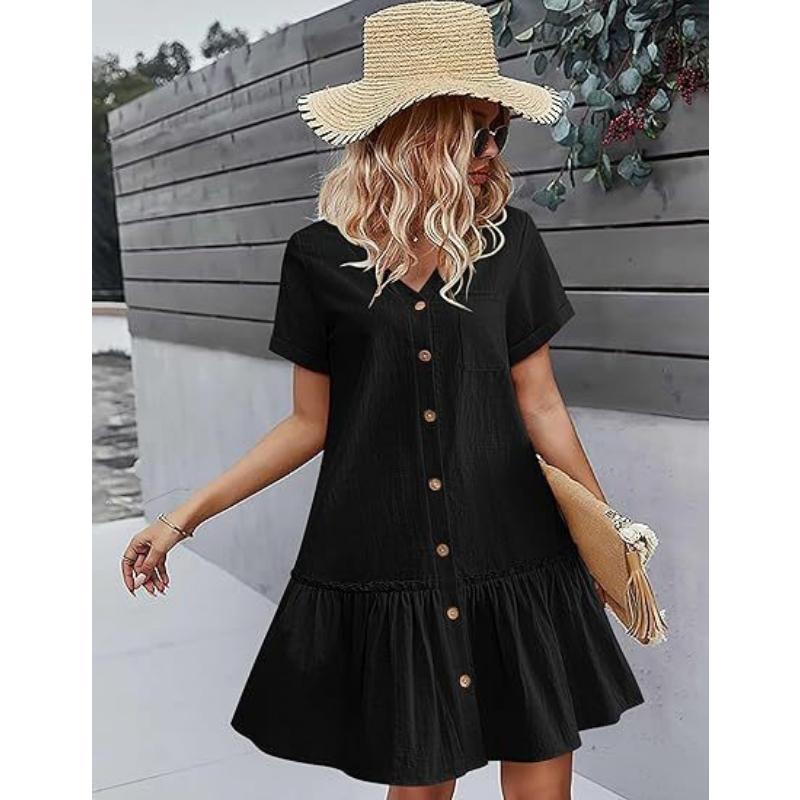 Women's Summer Cotton Linen Dress, Loose Button Down V Neck Short Sleeve Ruffle Hem Casual Dress with Pockets