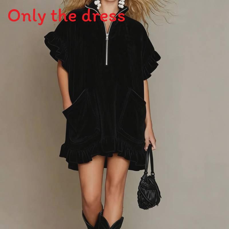 Streetwear A Line Dress With Zipper And Ruffle Sleeves For Casual Travel Or Party