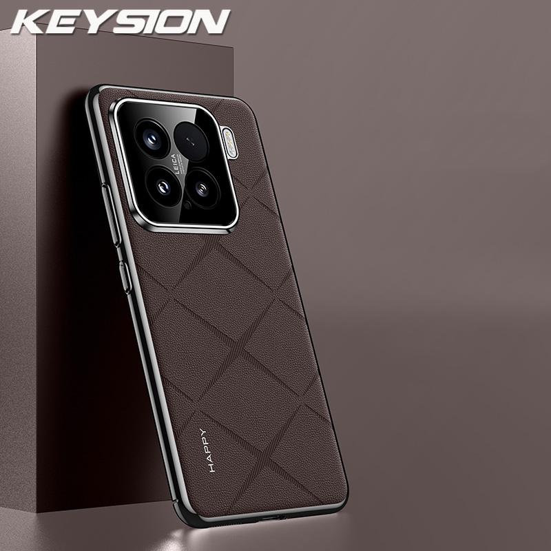 KEYSION Grid Pattern PU Leather Case for Xiaomi 15 5G Plating PC Camera Lens Protection Phone Back Cover for Xiaomi 15 Pro 5G