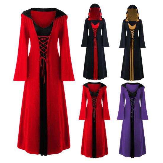 Женское платье для косплея в темном стиле, костюм ведьмы на Хэллоуин, на шнуровке, с капюшоном, в тон, с длинными рукавами и рогами, платье трапециевидной формы для выступлений
