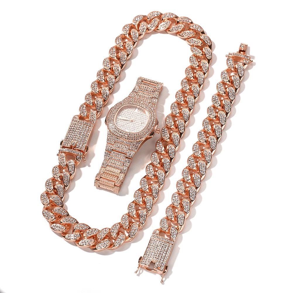 Hip Hop Men Bling Iced Out Gold 20mm Watch Bracelets Necklace Cuban Link Chain Set Watch Necklace Bracelet Jewelry Set